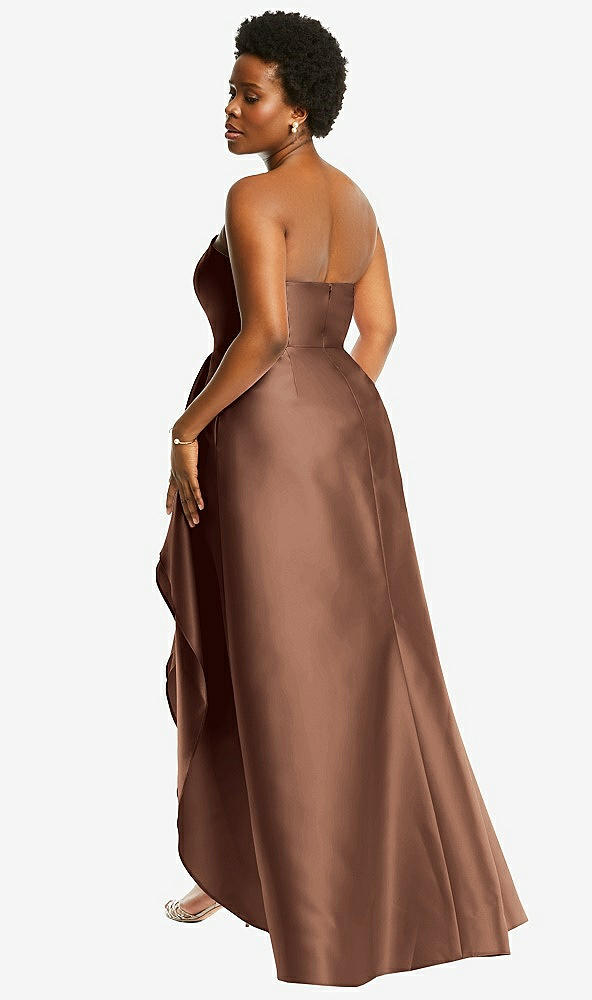 Back View - Cognac Strapless Satin Gown with Draped Front Slit and Pockets