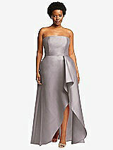 Front View Thumbnail - Cashmere Gray Strapless Satin Gown with Draped Front Slit and Pockets