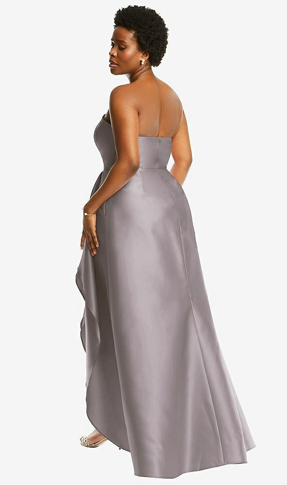 Back View - Cashmere Gray Strapless Satin Gown with Draped Front Slit and Pockets