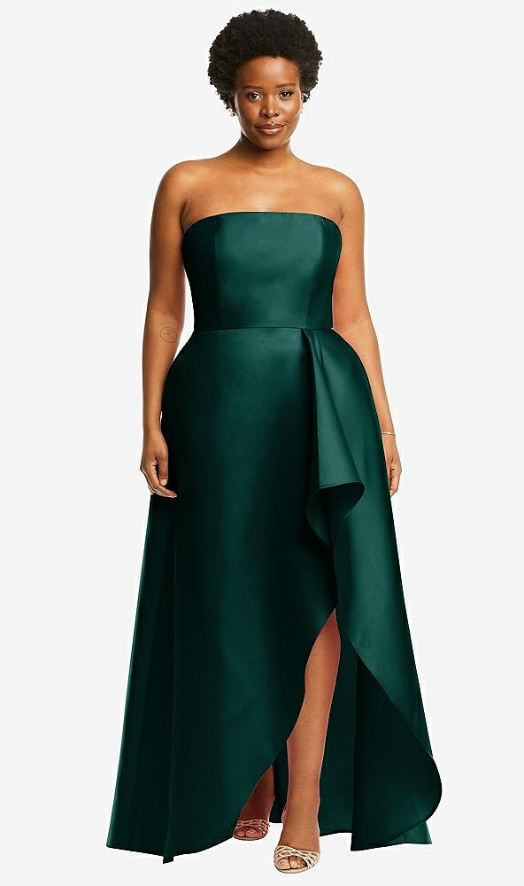 Front View - Evergreen Strapless Satin Gown with Draped Front Slit and Pockets