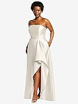 Side View Thumbnail - Ivory Strapless Satin Gown with Draped Front Slit and Pockets