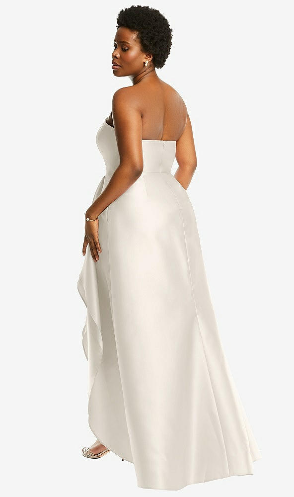 Back View - Ivory Strapless Satin Gown with Draped Front Slit and Pockets