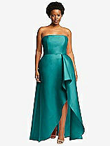 Front View Thumbnail - Jade Strapless Satin Gown with Draped Front Slit and Pockets