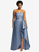 Front View Thumbnail - Larkspur Blue Strapless Satin Gown with Draped Front Slit and Pockets