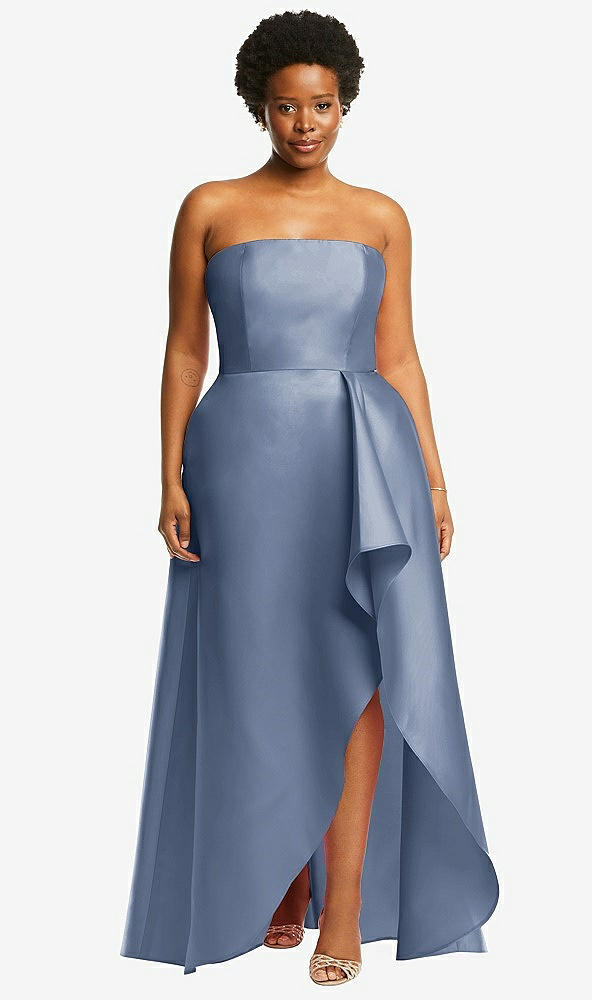 Front View - Larkspur Blue Strapless Satin Gown with Draped Front Slit and Pockets