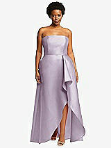 Front View Thumbnail - Lilac Haze Strapless Satin Gown with Draped Front Slit and Pockets