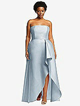 Front View Thumbnail - Mist Strapless Satin Gown with Draped Front Slit and Pockets