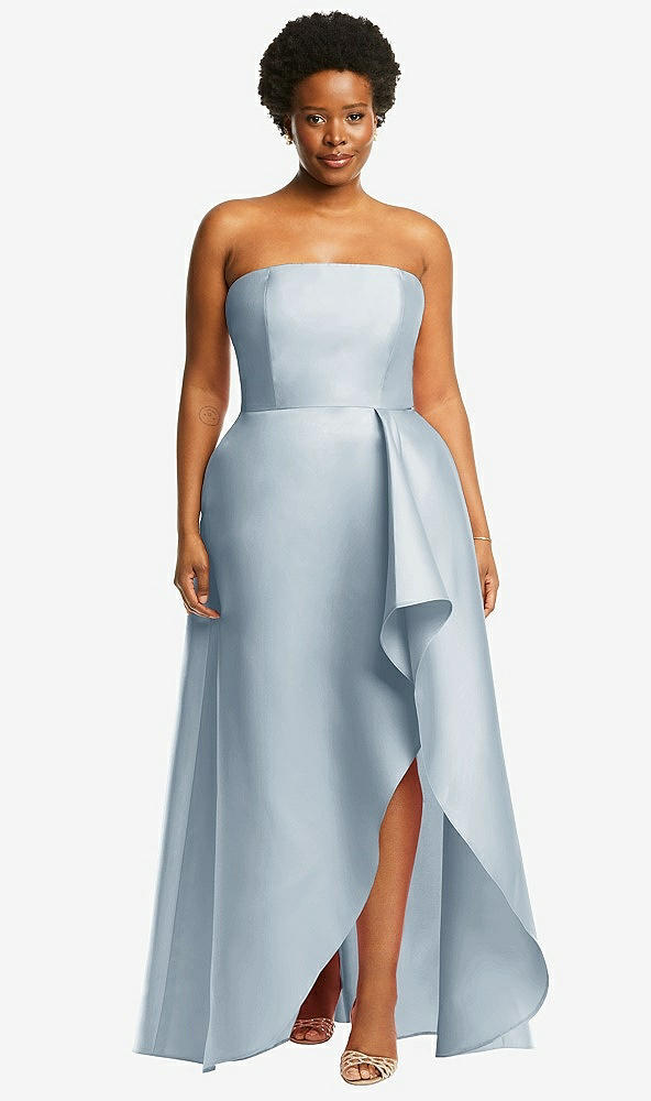 Front View - Mist Strapless Satin Gown with Draped Front Slit and Pockets