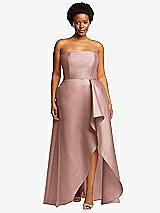 Front View Thumbnail - Neu Nude Strapless Satin Gown with Draped Front Slit and Pockets