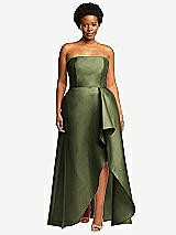 Front View Thumbnail - Olive Green Strapless Satin Gown with Draped Front Slit and Pockets