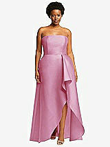 Front View Thumbnail - Powder Pink Strapless Satin Gown with Draped Front Slit and Pockets
