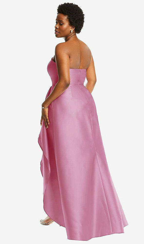 Back View - Powder Pink Strapless Satin Gown with Draped Front Slit and Pockets