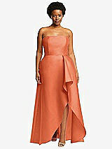 Front View Thumbnail - Portofino Orange Strapless Satin Gown with Draped Front Slit and Pockets