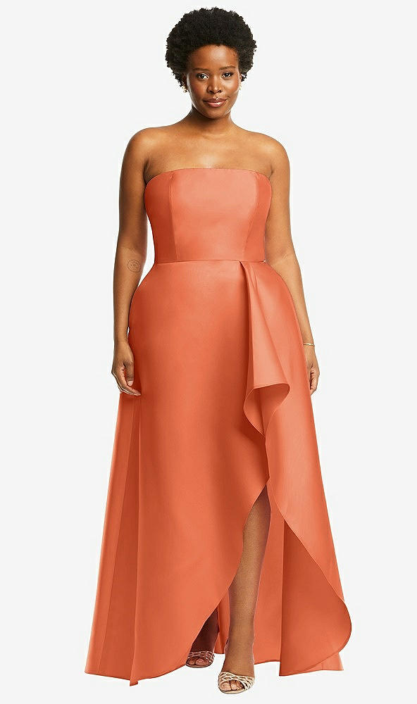 Front View - Portofino Orange Strapless Satin Gown with Draped Front Slit and Pockets
