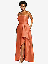 Side View Thumbnail - Portofino Orange Strapless Satin Gown with Draped Front Slit and Pockets
