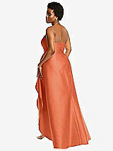 Rear View Thumbnail - Portofino Orange Strapless Satin Gown with Draped Front Slit and Pockets