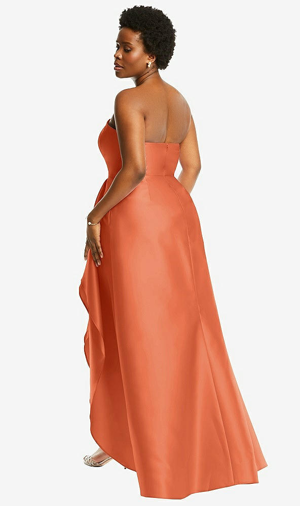 Back View - Portofino Orange Strapless Satin Gown with Draped Front Slit and Pockets