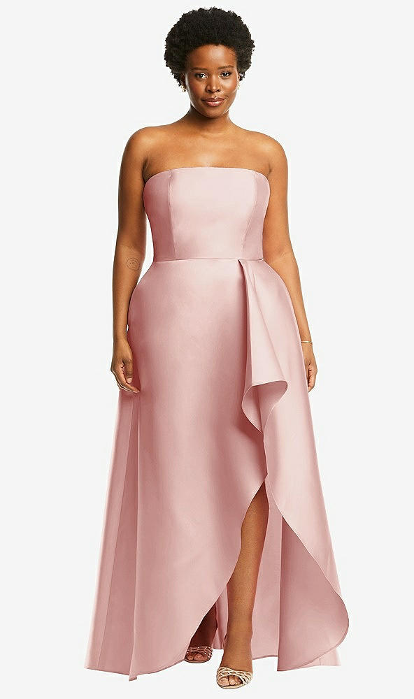 Front View - Rose Strapless Satin Gown with Draped Front Slit and Pockets