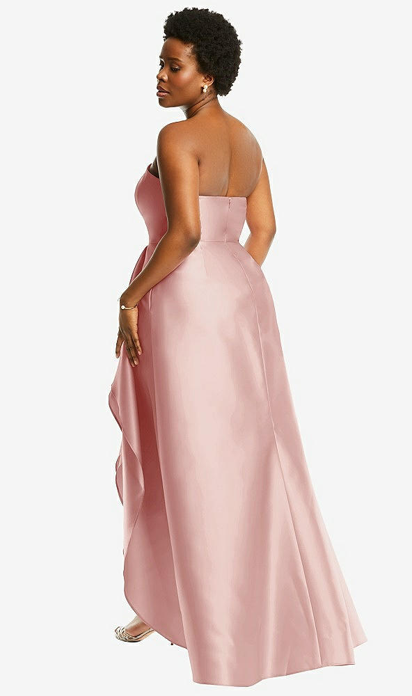 Back View - Rose Strapless Satin Gown with Draped Front Slit and Pockets
