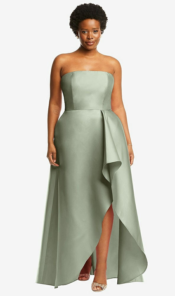 Front View - Sage Strapless Satin Gown with Draped Front Slit and Pockets