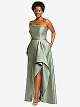 Side View Thumbnail - Sage Strapless Satin Gown with Draped Front Slit and Pockets