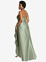 Rear View Thumbnail - Sage Strapless Satin Gown with Draped Front Slit and Pockets
