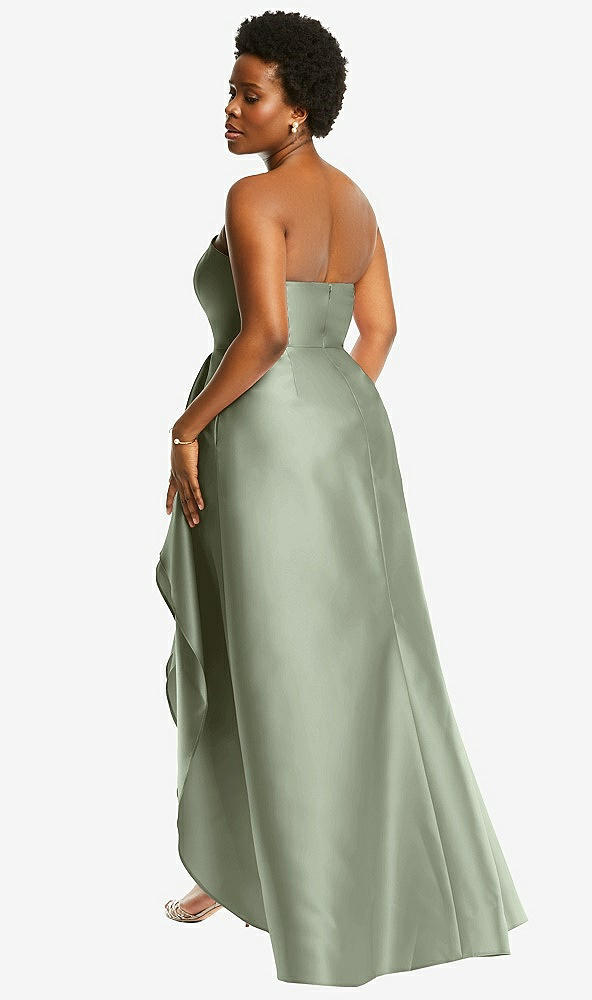 Back View - Sage Strapless Satin Gown with Draped Front Slit and Pockets
