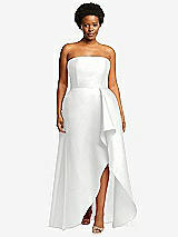 Front View Thumbnail - White Strapless Satin Gown with Draped Front Slit and Pockets
