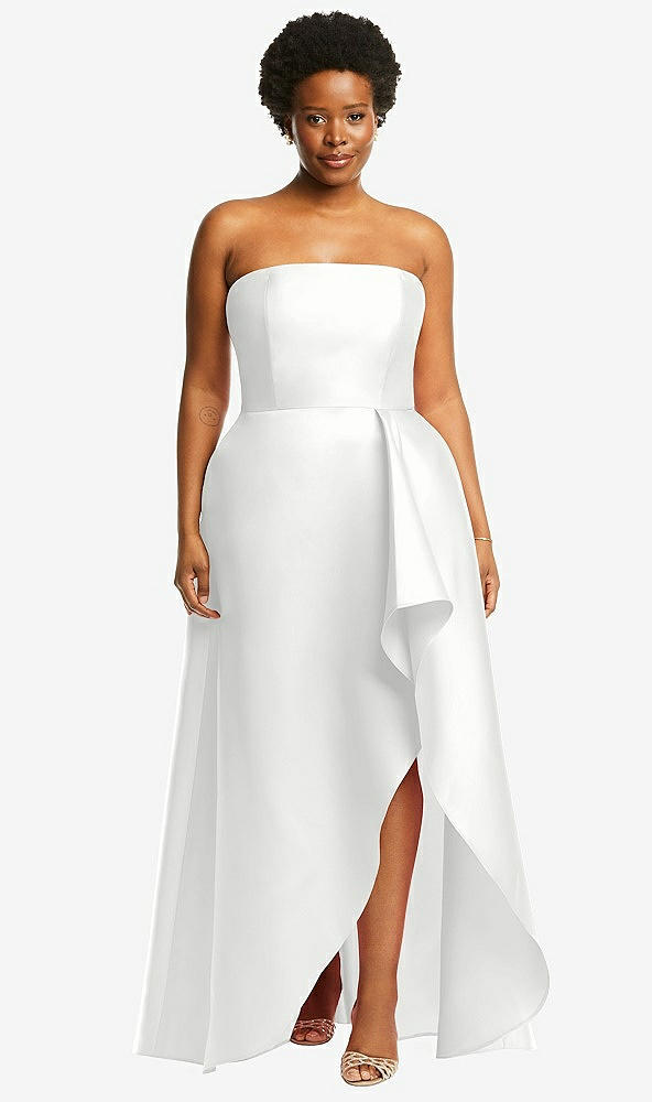 Front View - White Strapless Satin Gown with Draped Front Slit and Pockets