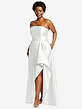 Side View Thumbnail - White Strapless Satin Gown with Draped Front Slit and Pockets
