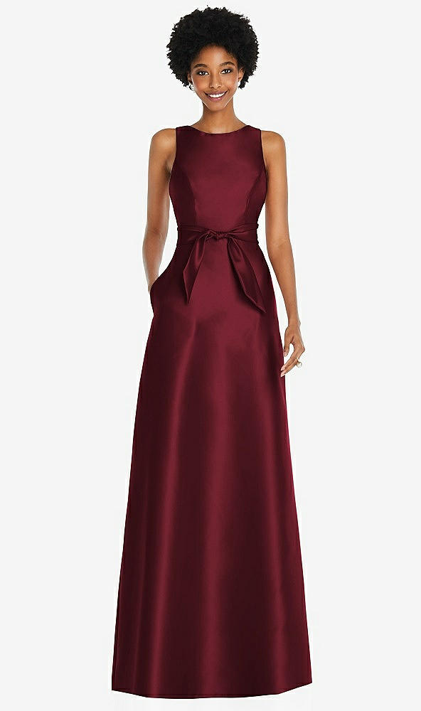 Front View - Cabernet Jewel-Neck V-Back Maxi Dress with Mini Sash