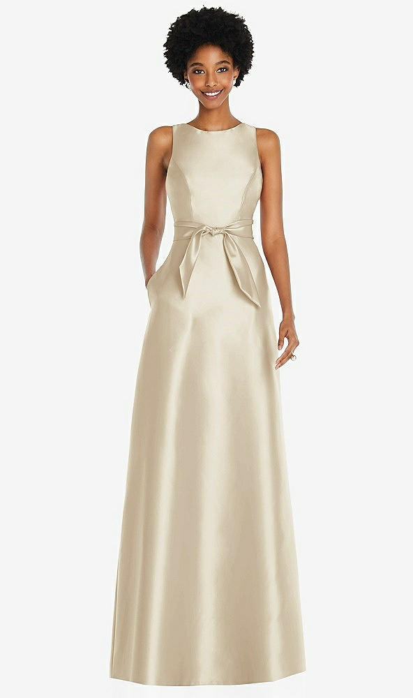 Front View - Champagne Jewel-Neck V-Back Maxi Dress with Mini Sash