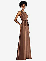 Side View Thumbnail - Cognac Jewel-Neck V-Back Maxi Dress with Mini Sash