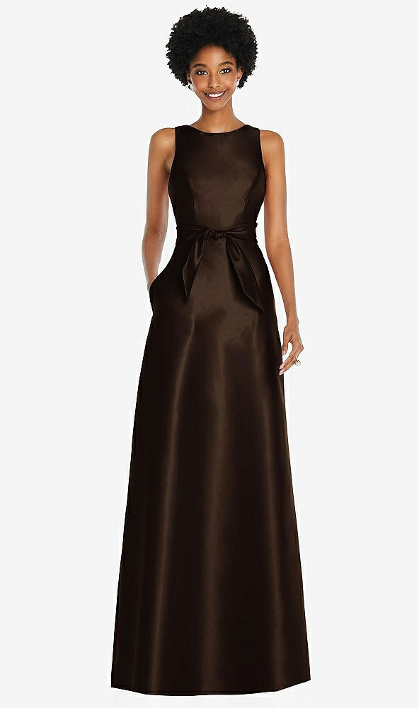Front View - Espresso Jewel-Neck V-Back Maxi Dress with Mini Sash