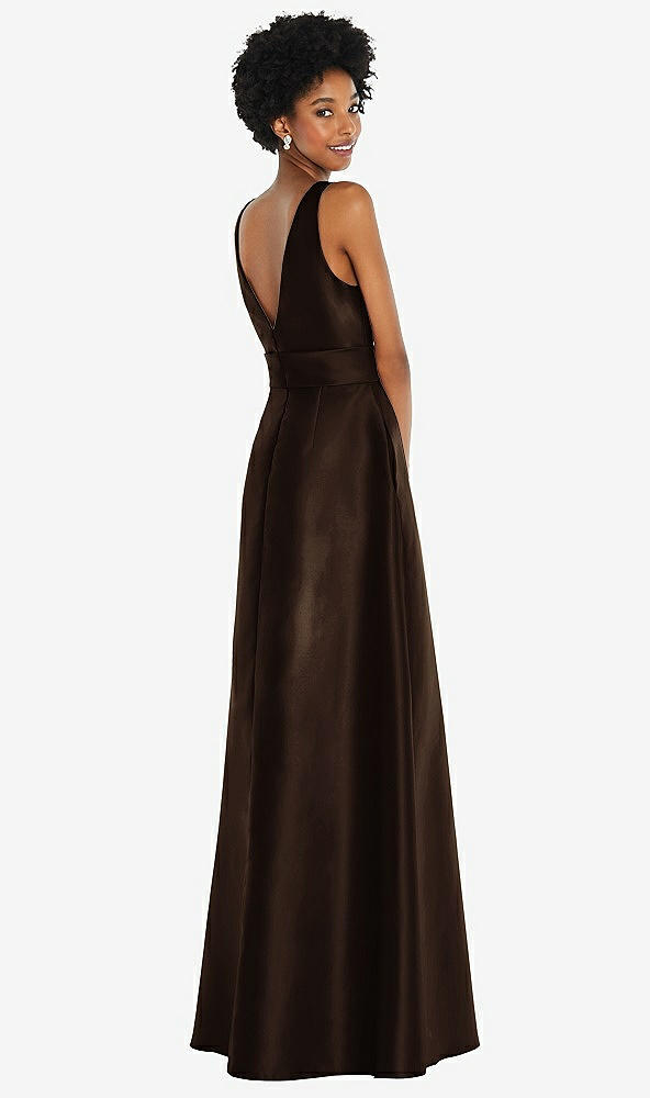 Back View - Espresso Jewel-Neck V-Back Maxi Dress with Mini Sash