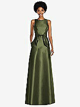 Front View Thumbnail - Olive Green Jewel-Neck V-Back Maxi Dress with Mini Sash