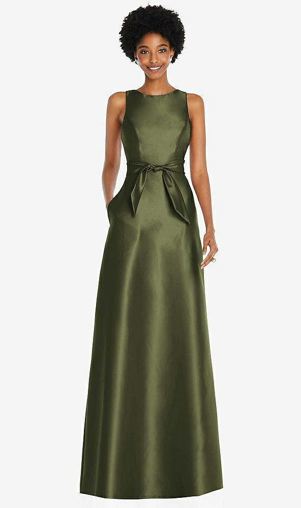 Front View - Olive Green Jewel-Neck V-Back Maxi Dress with Mini Sash