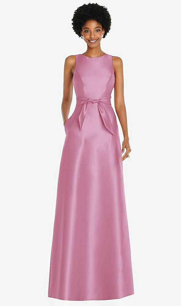 Front View - Powder Pink Jewel-Neck V-Back Maxi Dress with Mini Sash