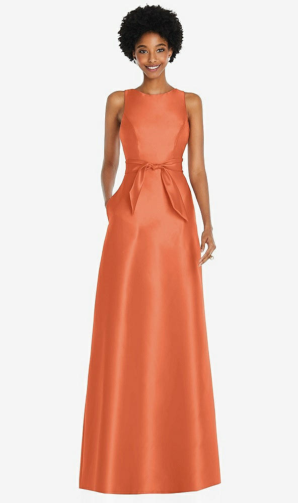 Front View - Portofino Orange Jewel-Neck V-Back Maxi Dress with Mini Sash