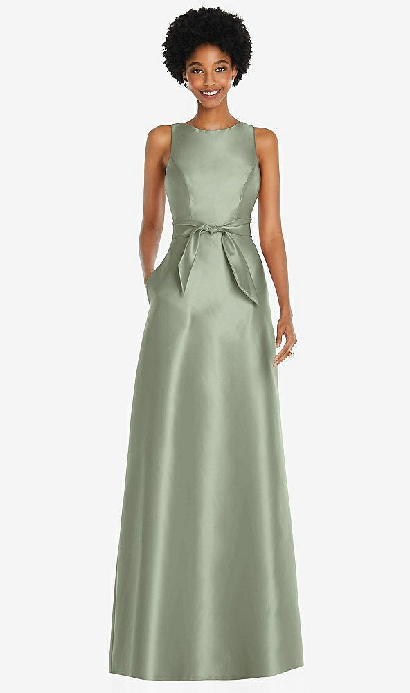 Front View - Sage Jewel-Neck V-Back Maxi Dress with Mini Sash