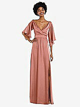 Front View Thumbnail - Desert Rose Asymmetric Bell Sleeve Wrap Maxi Dress with Front Slit