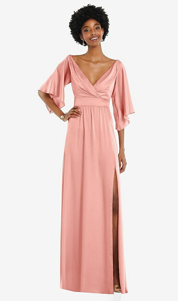 Front View - Rose Asymmetric Bell Sleeve Wrap Maxi Dress with Front Slit
