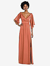 Front View Thumbnail - Terracotta Copper Asymmetric Bell Sleeve Wrap Maxi Dress with Front Slit