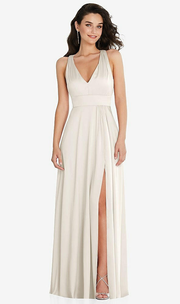 Front View - Ivory Shirred Shoulder Criss Cross Back Maxi Dress with Front Slit