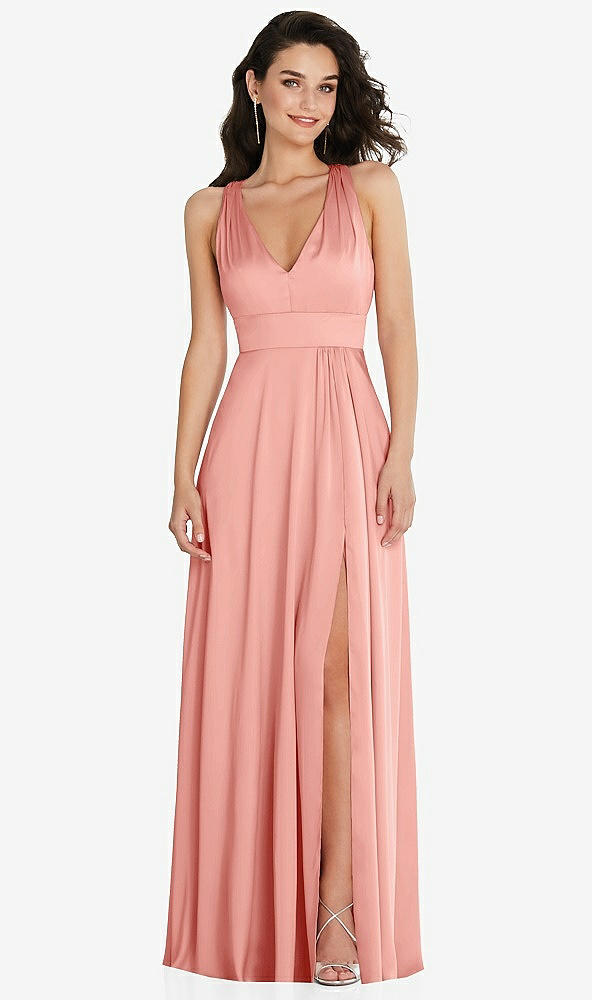 Front View - Rose Shirred Shoulder Criss Cross Back Maxi Dress with Front Slit
