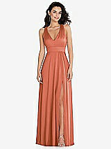 Front View Thumbnail - Terracotta Copper Shirred Shoulder Criss Cross Back Maxi Dress with Front Slit