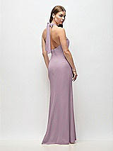 Rear View Thumbnail - Suede Rose Tie Halter Open Back Trumpet Gown 