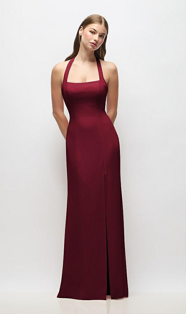 Front View - Burgundy Tie Halter Open Back Trumpet Gown