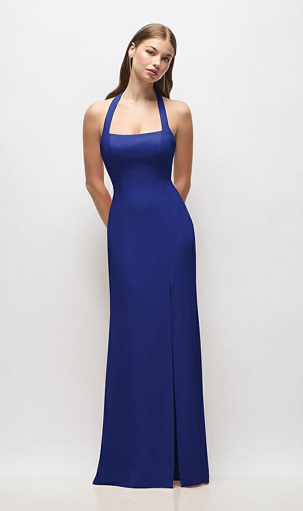 Front View - Cobalt Blue Tie Halter Open Back Trumpet Gown