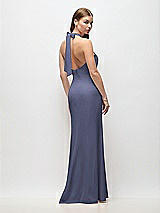 Rear View Thumbnail - French Blue Tie Halter Open Back Trumpet Gown 